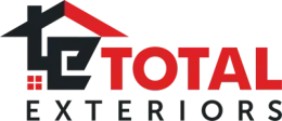 Logo for Total Exteriors, featuring a stylized house with red and black elements and the words "TOTAL EXTERIORS" in red and black.