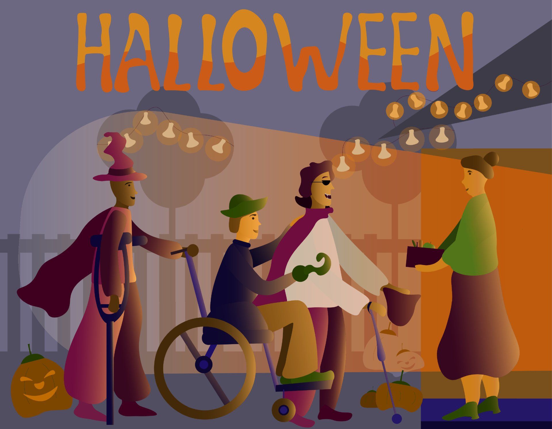 a drawing of children dressed in costumes trick-or-treating in a neighborhood