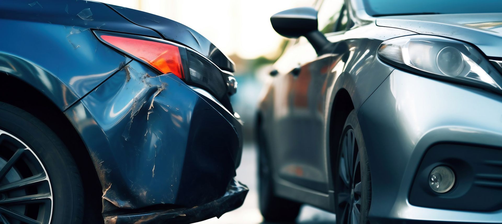 Two cars involved in a collision; the dark blue car has front-end damage.
