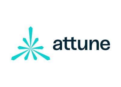 Attune logo: Turquoise starburst design beside dark teal text 