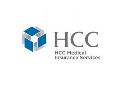 Logo for HCC Medical Insurance Services, featuring a blue and white cube with the letters 