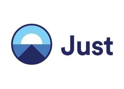 Blue and white Just logo: circle with mountain and sun over it.