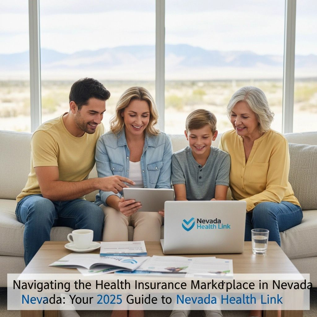 Family looking at a tablet and laptop, the laptop displays the Nevada Health Link logo.