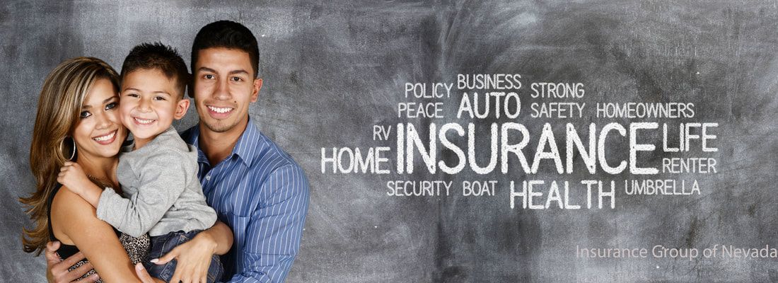 Family smiling in front of a chalkboard with insurance-related words.