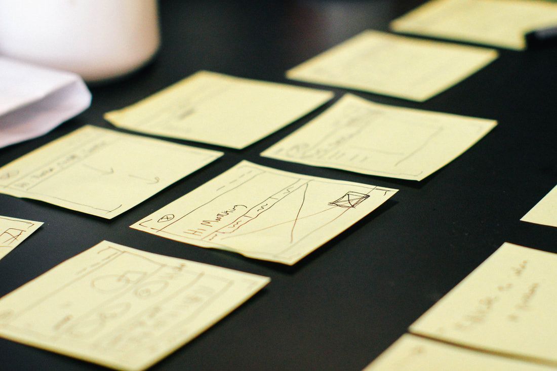 Yellow sticky notes with handwritten notes arranged on a dark surface.