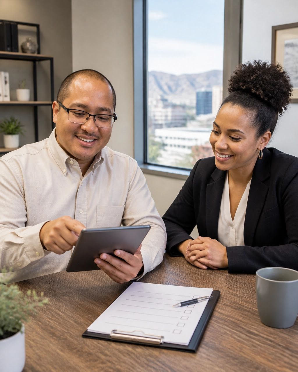 Two coworkers reviewing a tablet and clipboard at a conference table, smiling in a bright office.