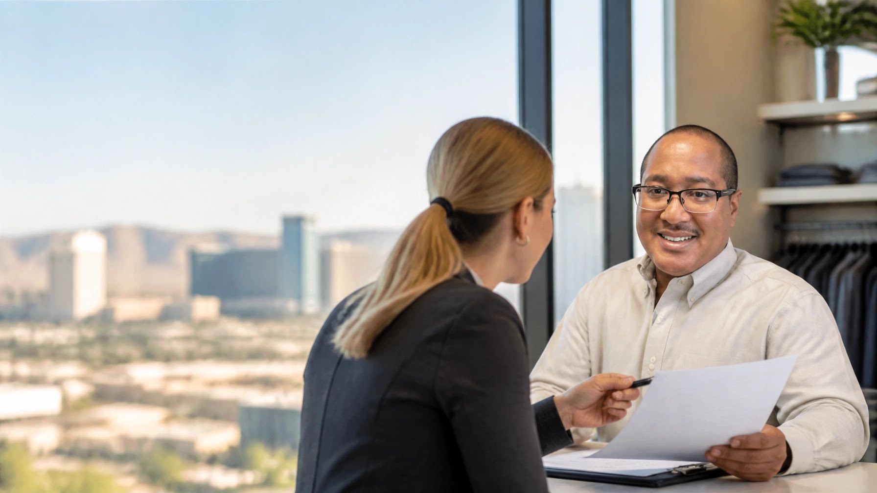 Two coworkers talking in an office with a city view, one holding papers and smiling.