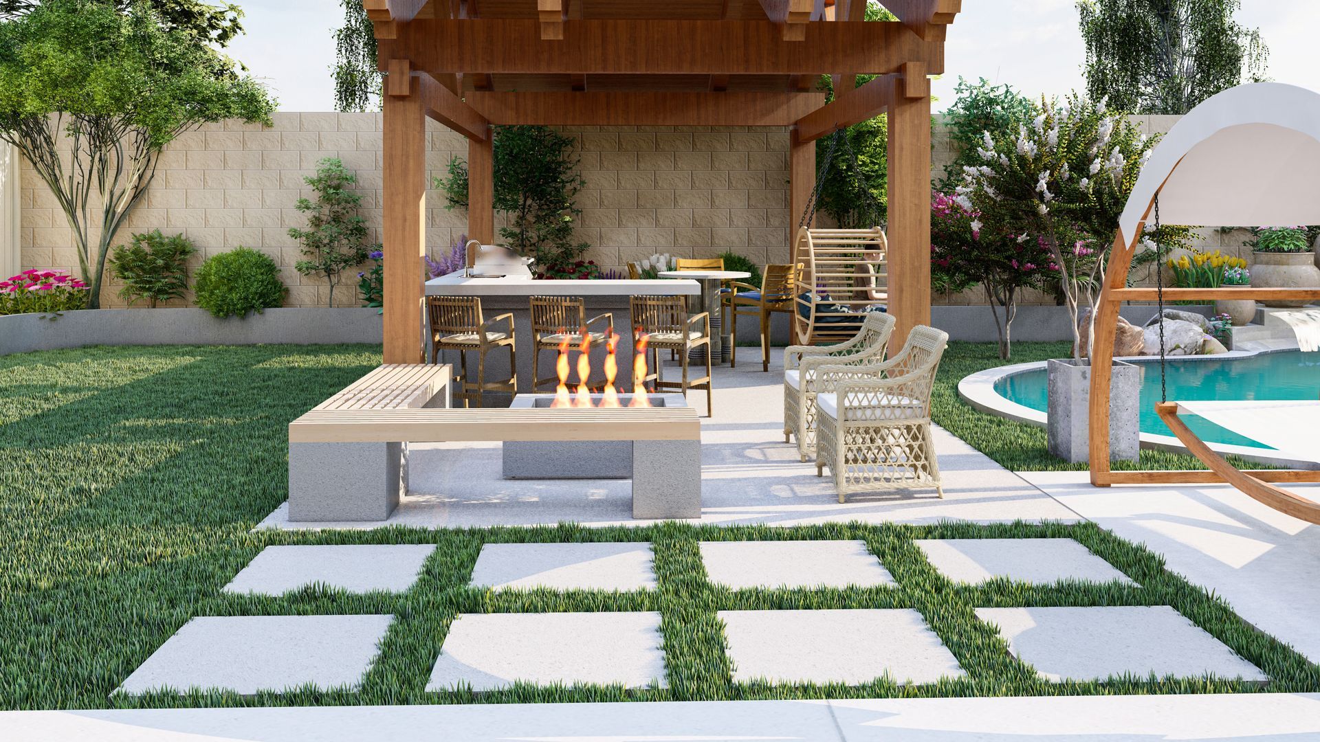 Modern backyard patio with pergola, fire pit seating, and pool beside a lawn and stepping stones