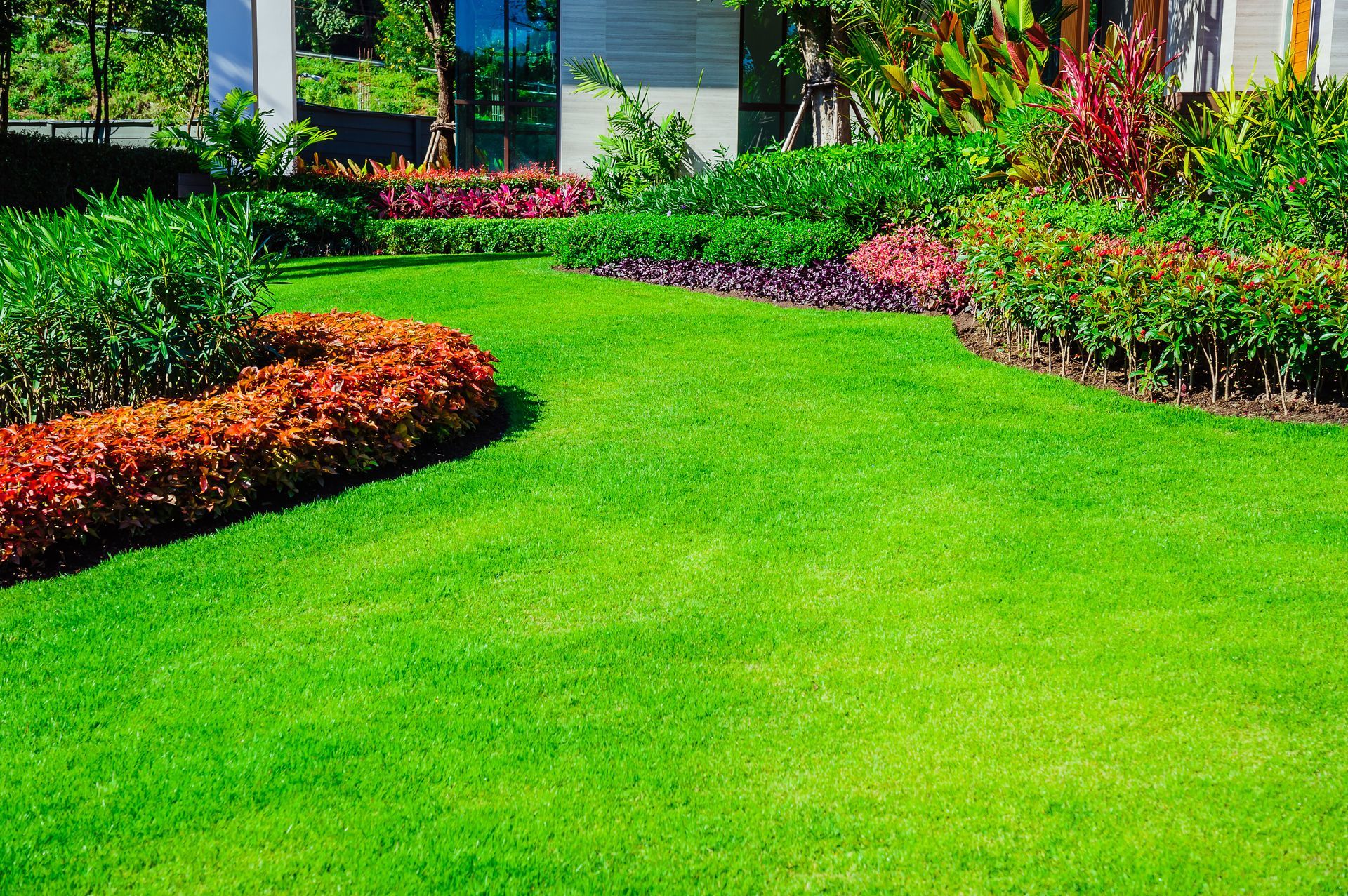 Lush green garden lawn bordered by colorful flower beds and shrubs near a building