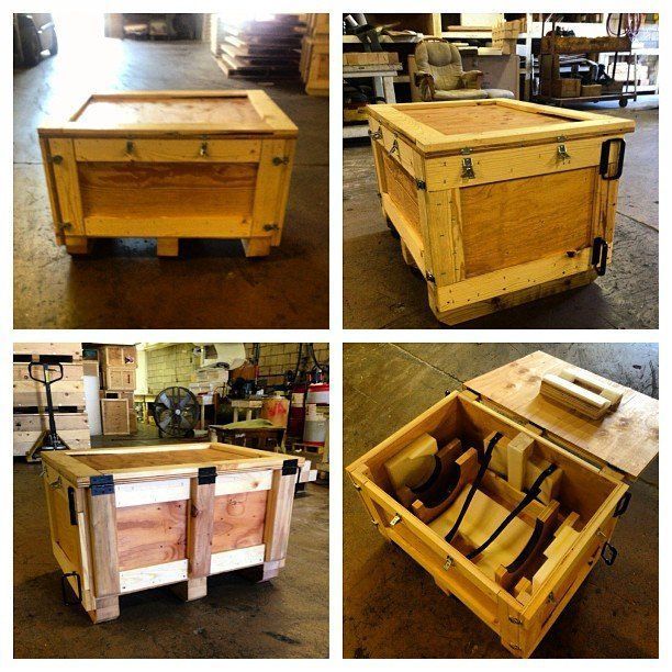 Collage of a wooden crate on a workshop floor, shown from several angles, including the open interior.