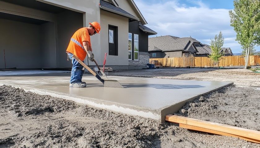 Worker smoothing fresh concrete driveway beside a house under construction