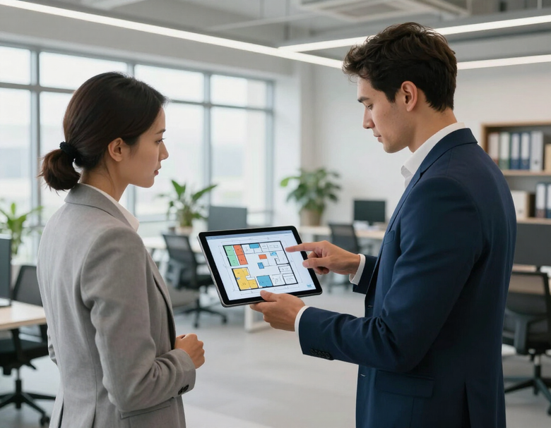 Consulente che mostra un progetto di layout su tablet