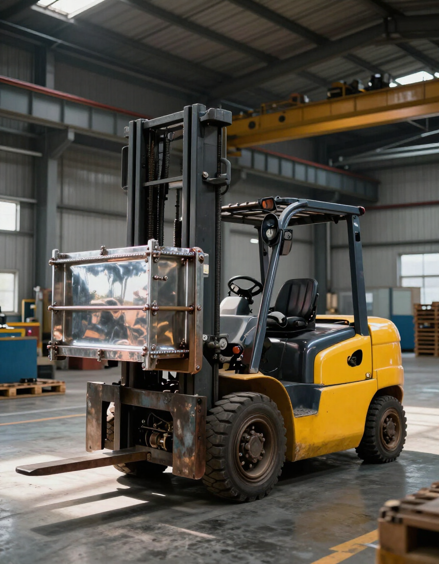 Carrello elevatore che solleva macchinario industriale
