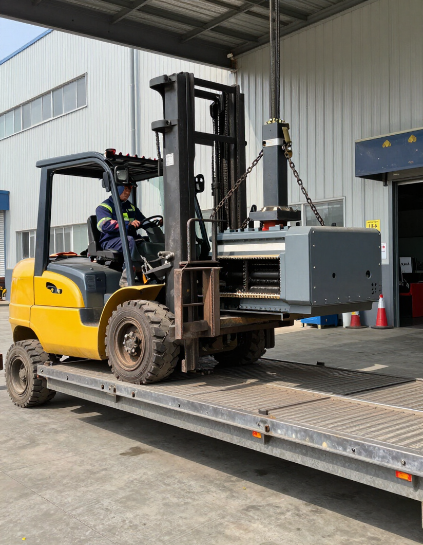 Carrello elevatore che solleva macchinario industriale