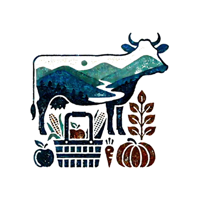 Cow silhouette filled with mountain scene, surrounded by harvest: basket, vegetables, and fruit.