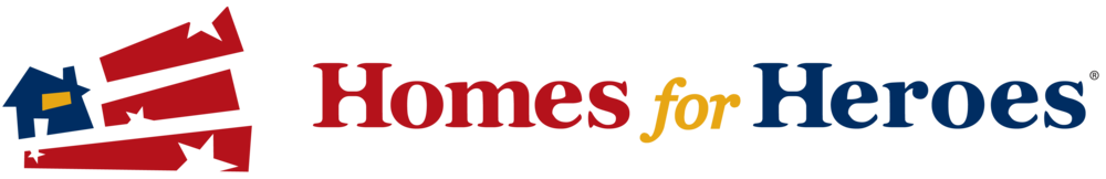 A logo for homes for heroes with an american flag and a house.