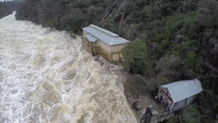 An aerial view of a flooded residential area