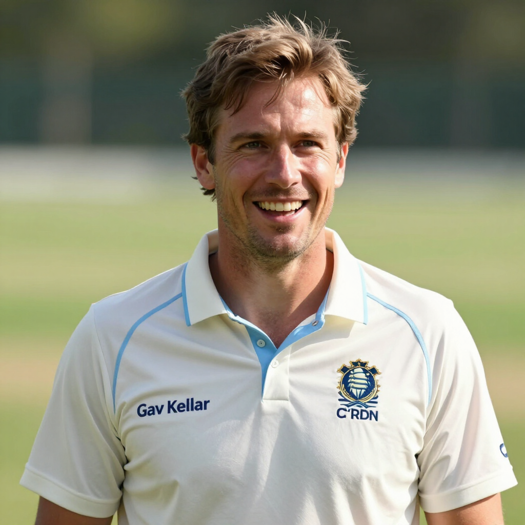 Man in a white polo shirt smiling on a sports field, with a CRDN logo and “Gav Kellar” text.