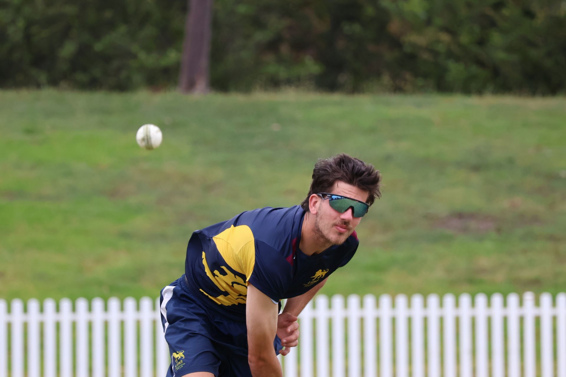 Cricketer in navy and yellow uniform bending to field a ball on a grassy pitch