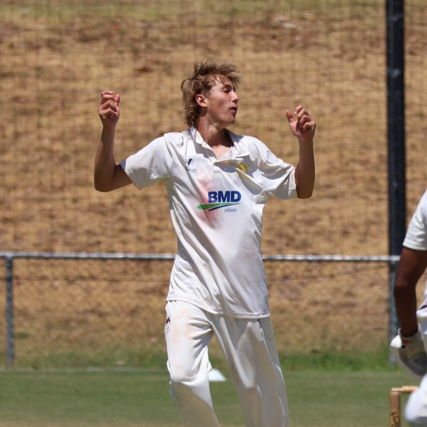 Cricket player in white uniform celebrating on the field, arms raised, with a blurred grassy background