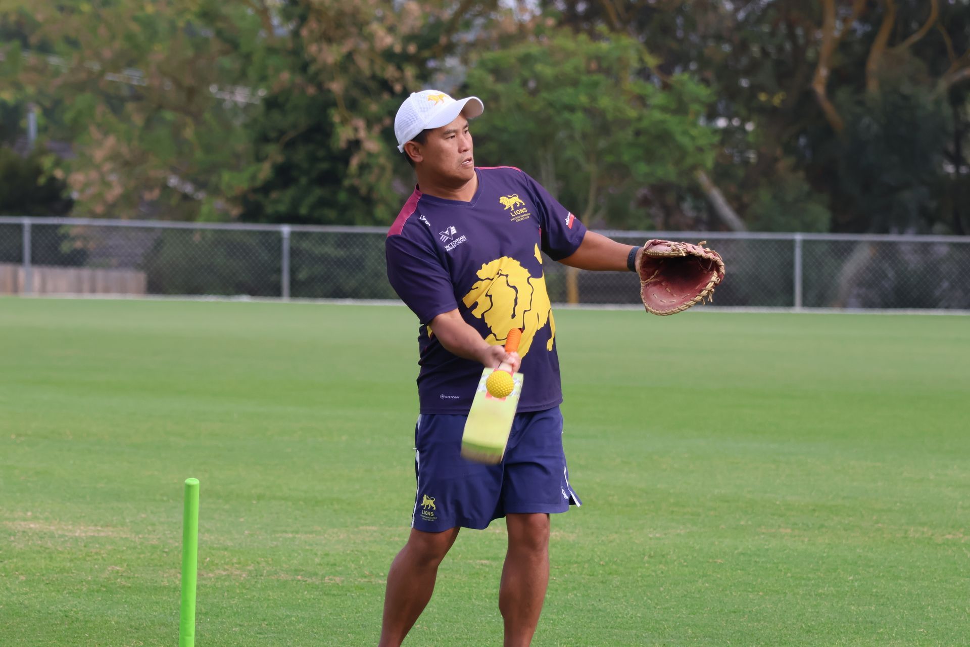 Cricket player in purple uniform catching a ball on a grassy field