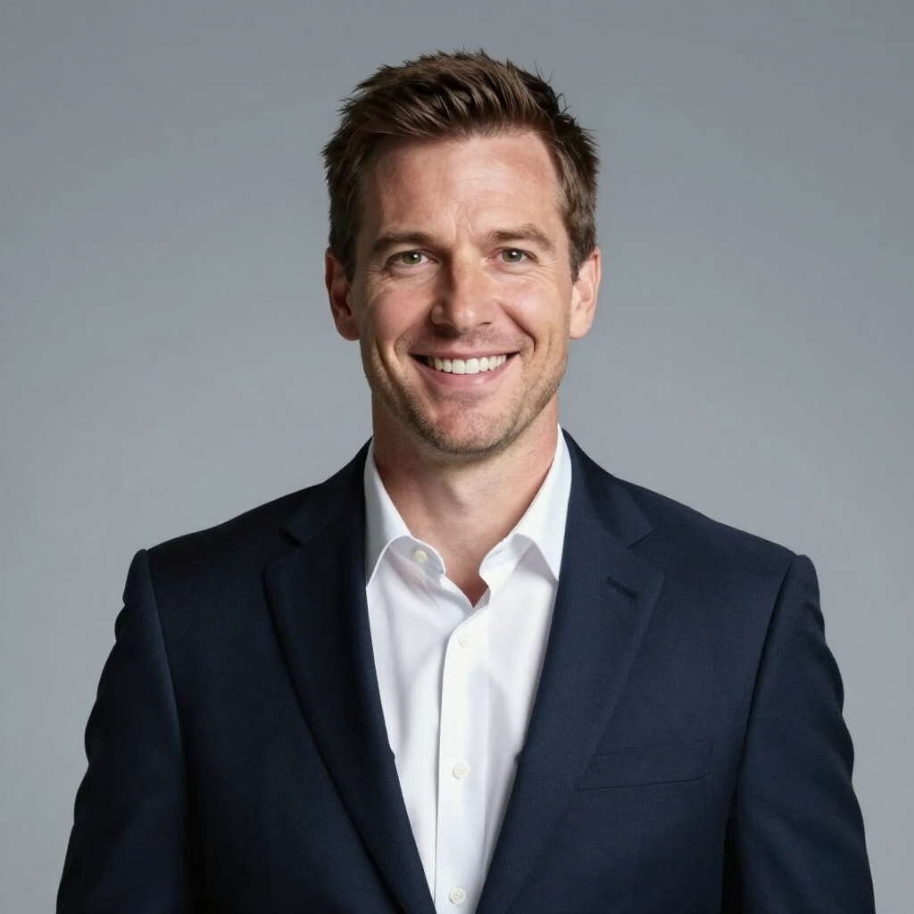Smiling man in a dark navy suit and white shirt against a gray background