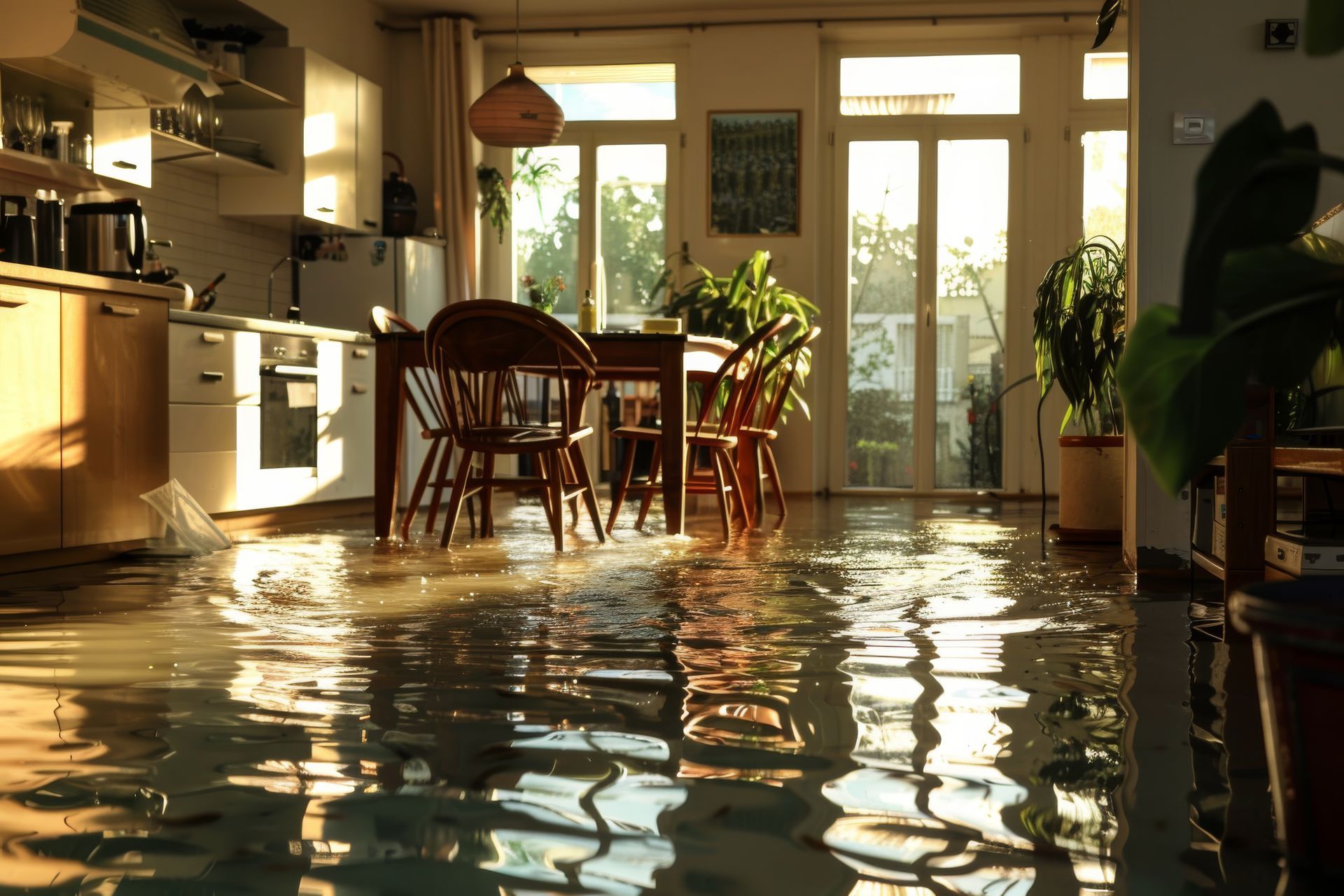 A kitchen and dining room are flooded with water.