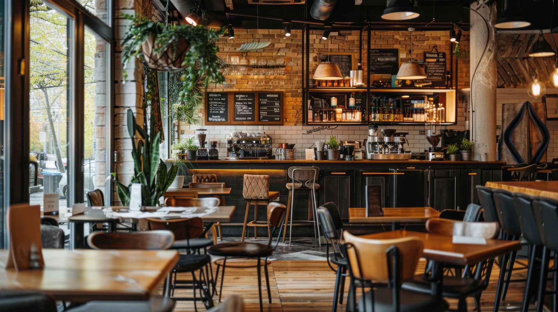 A restaurant filled with tables and chairs and a bar.