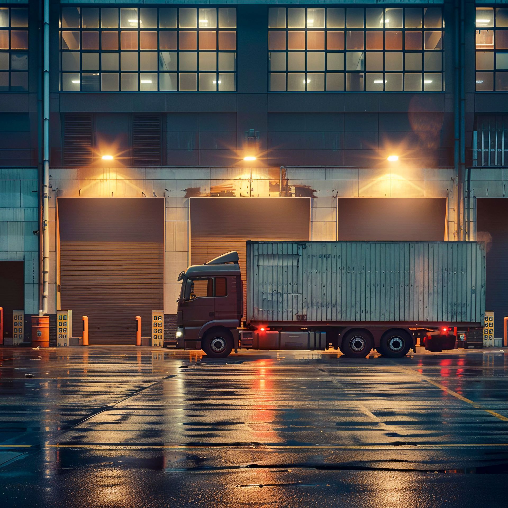 A truck is parked in front of a building at night.