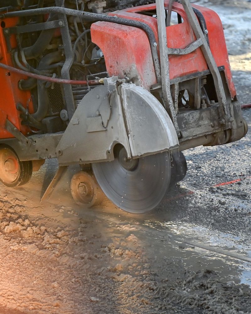 Orange concrete saw cutting into pavement.