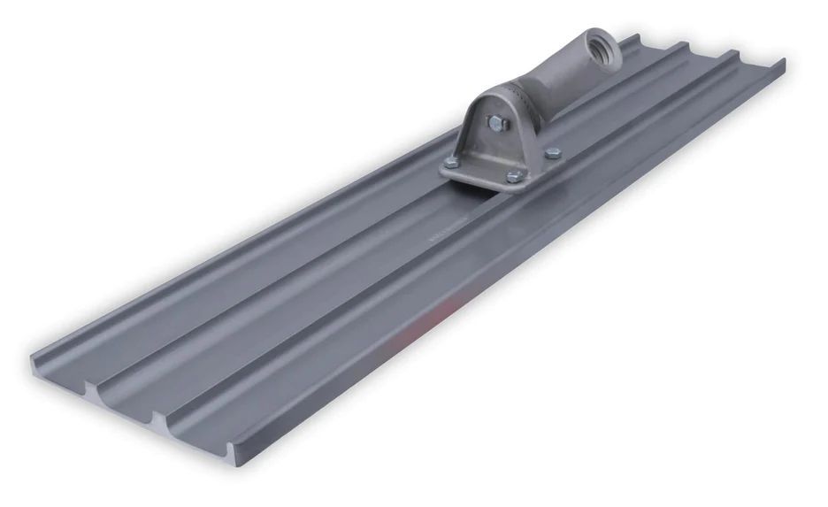 Aluminum bull float with bracket mount for smoothing and finishing concrete surfaces.