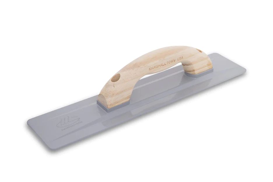 Marshalltown hand float with wood handle for smoothing and finishing concrete surfaces.