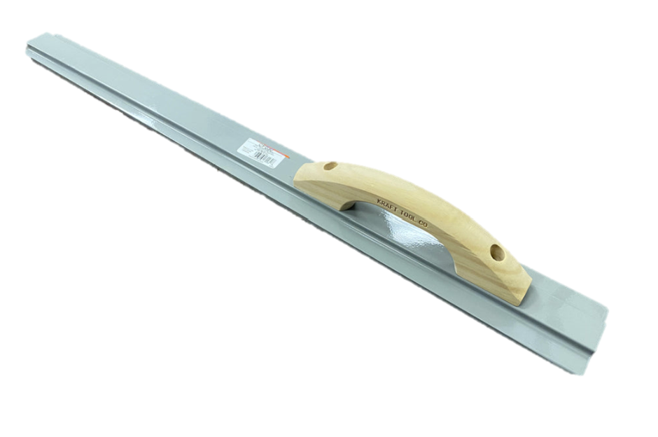 Kraft Tool concrete darby with wooden handle for smoothing and leveling wet concrete.