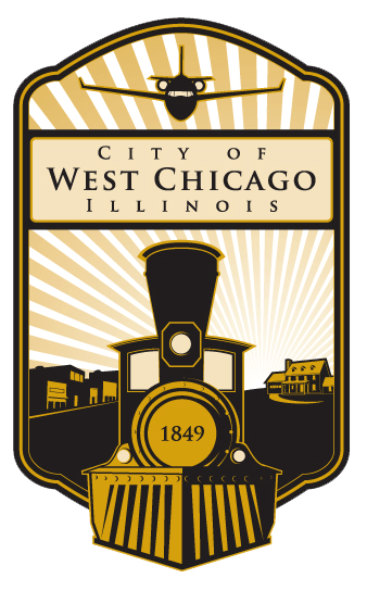 City of West Chicago logo featuring train, airplane, and 1849 date.