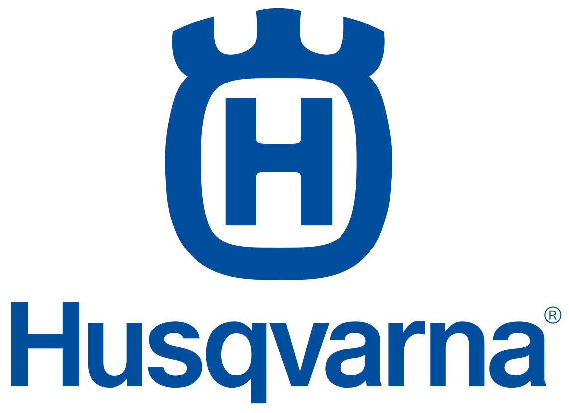 Husqvarna logo featuring blue crowned H emblem above Husqvarna lettering.