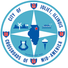 City of Joliet seal featuring Illinois outline, icons, and ‘Crossroads of Mid-America.’