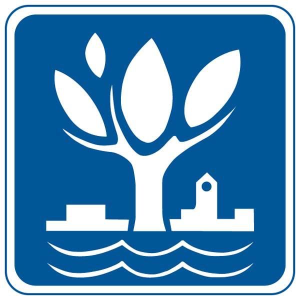Naperville city logo featuring stylized tree, buildings, and water waves.