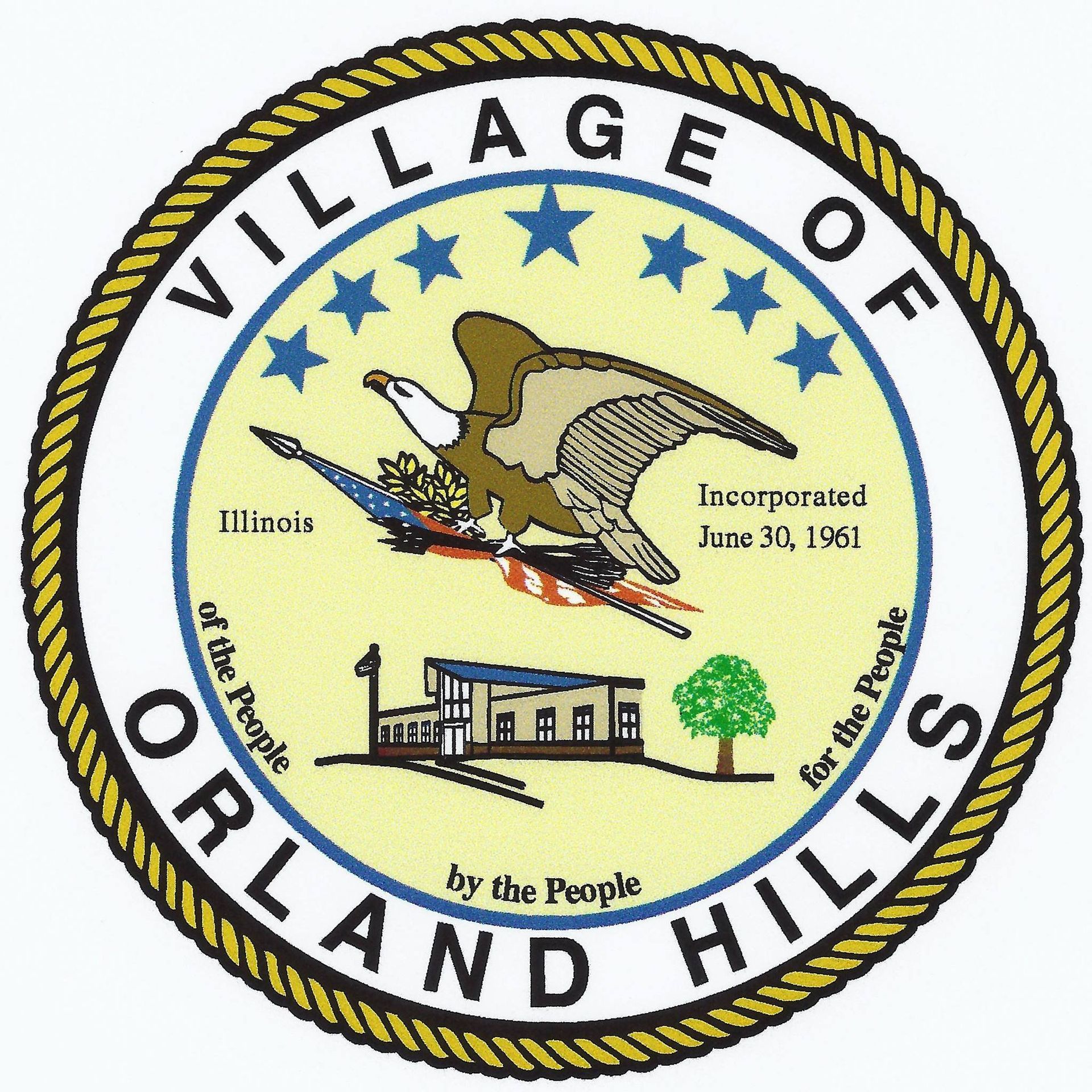 Village of Orland Hills seal featuring eagle, stars, and community landmarks.