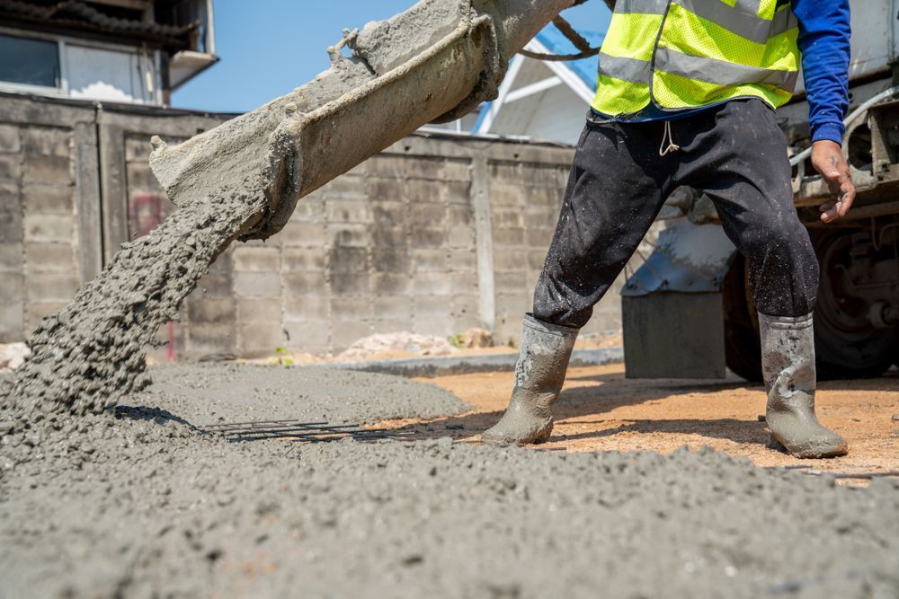 Worker pouring wet concrete on construction site wearing safety gear.