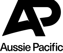 The logo for aussie pacific is black and white.