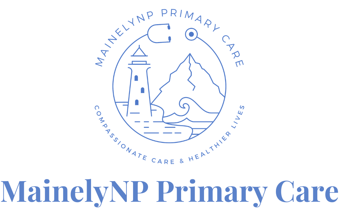Logo for MainelyNP Primary Care: lighthouse, mountains, waves, and a stethoscope.
