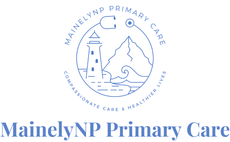 Logo for MainelyNP Primary Care: lighthouse, mountains, waves, and a stethoscope.
