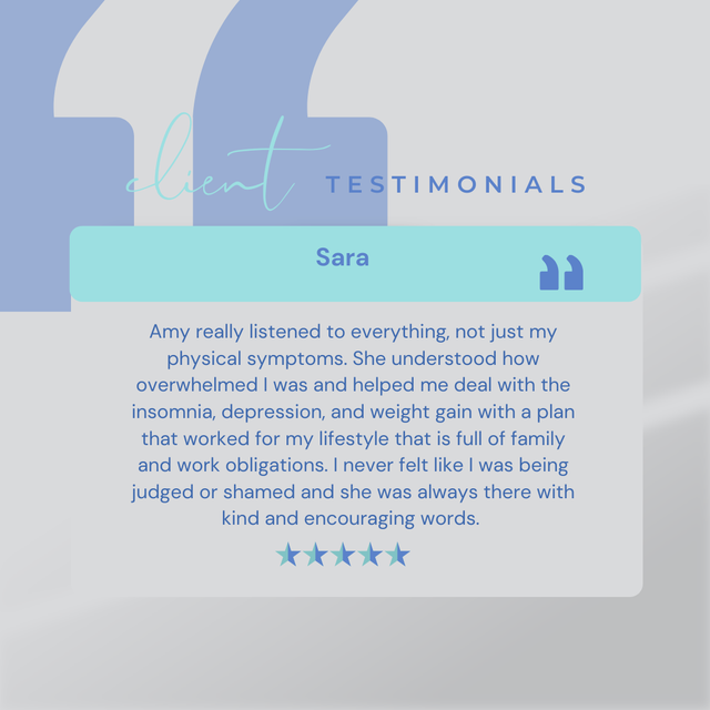 Client testimonial: Sara. Blue quote box. Stars indicate a five-star rating. Text describes positive experience with Amy.