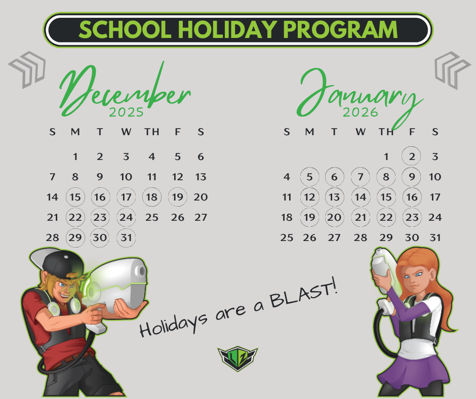 Laserzone Sunshine Coast school holiday program calendar with two kids holding blasters, 