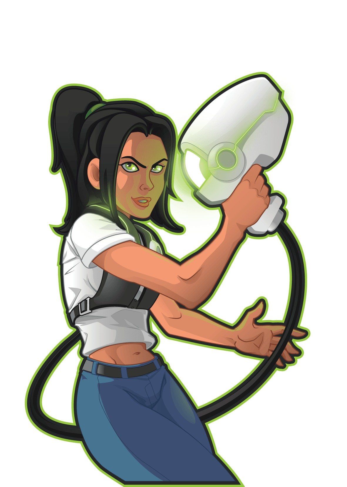 Young adult female caricature holding laser tag phasor