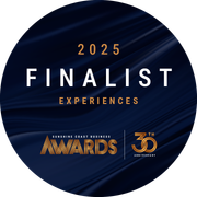 Blue and gold award badge: 2025 Finalist Experiences. Awards logo,