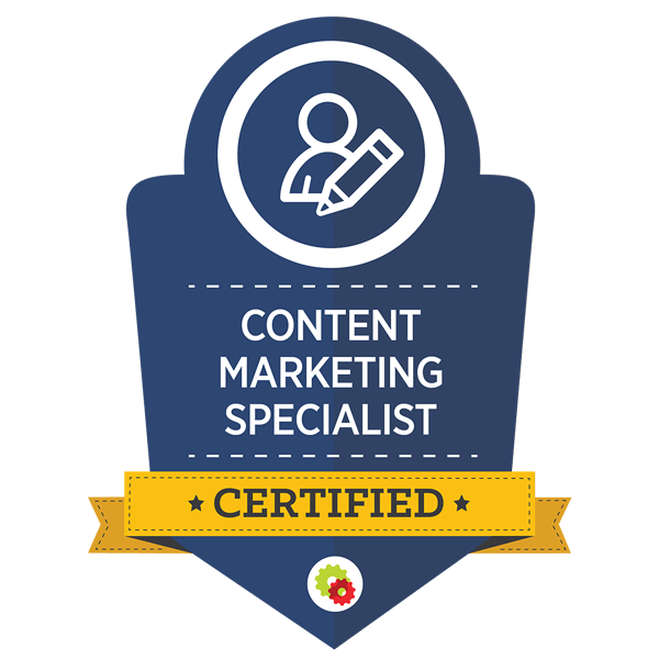 A badge that says content marketing specialist certified