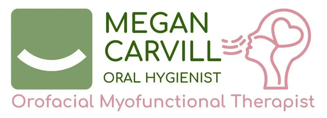 Logo for Megan Carvill Oral Hygienist and Orofacial Myofunctional Therapist, green and pink design