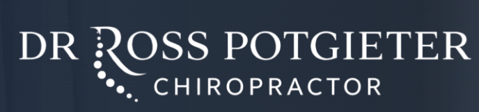 DR ROSS POTGIETER Chiropractor logo in white text on a gray-blue background with dotted arc design