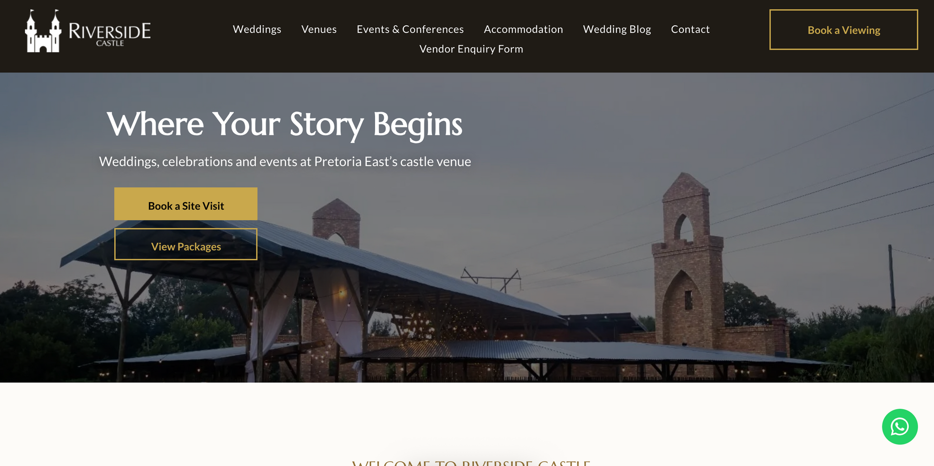 Website homepage with “Where Your Story Begins” over a dusk campus scene and a clock tower